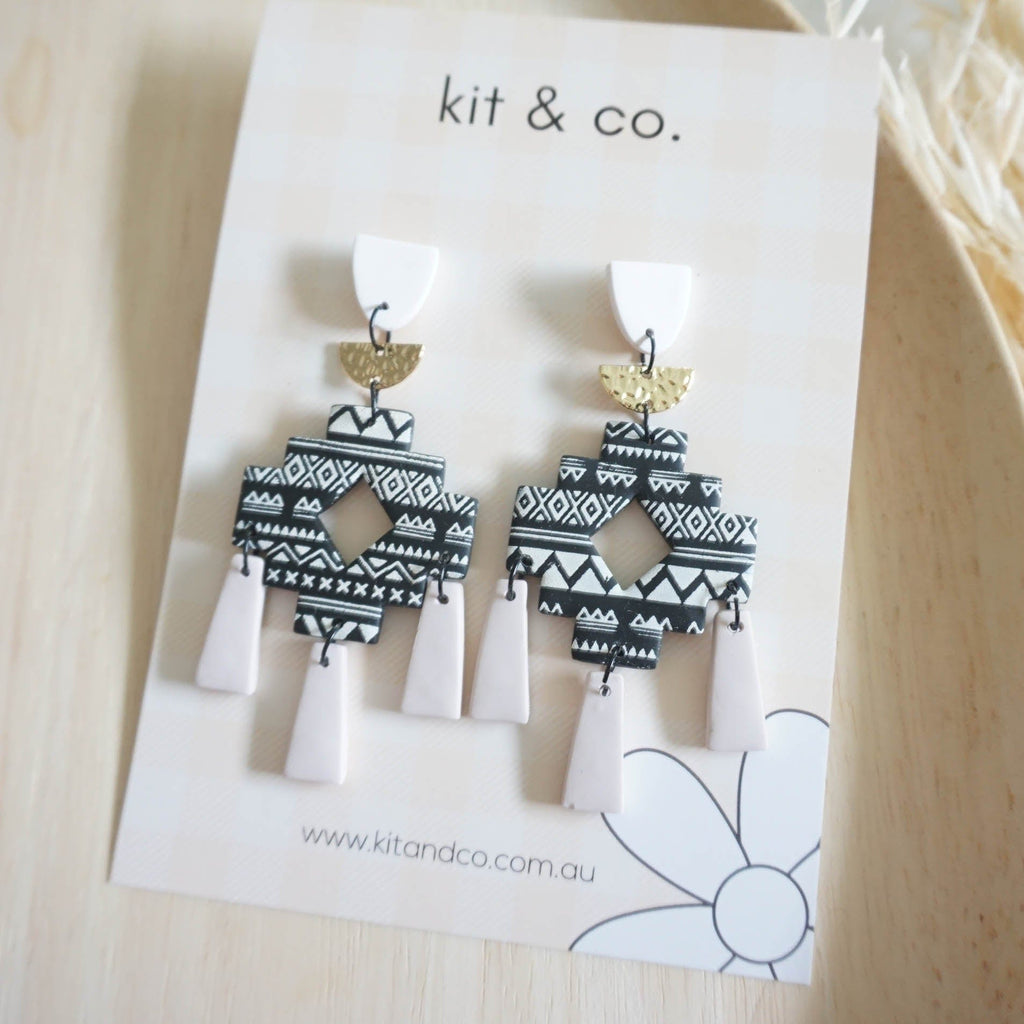 kitandco.com.au Earrings "Aztec Dangles" - Black, Beige, White