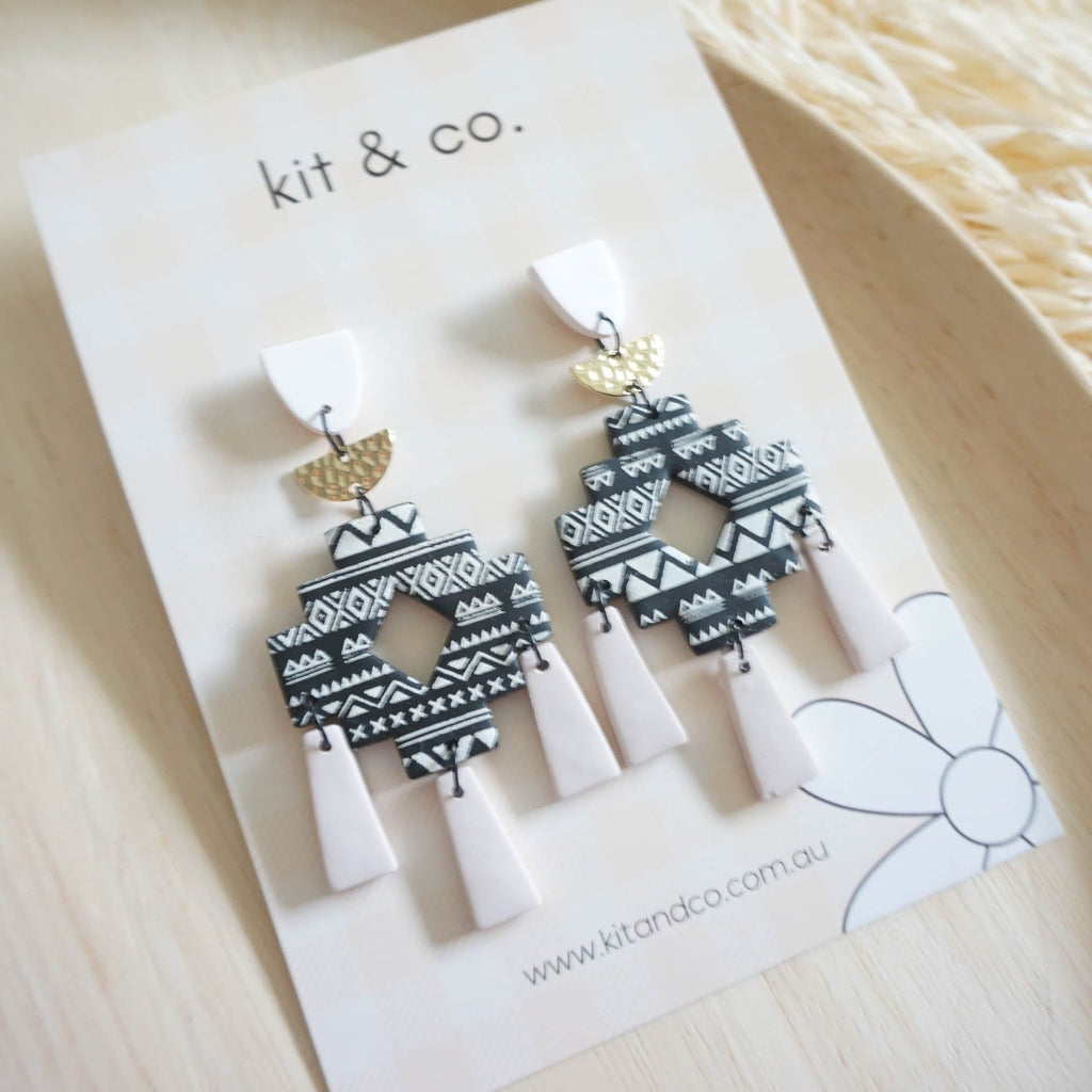 kitandco.com.au Earrings "Aztec Dangles" - Black, Beige, White