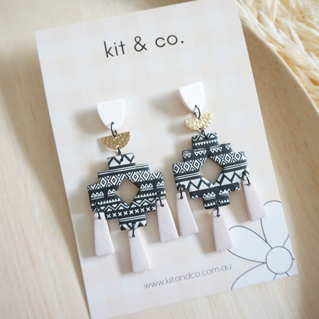 kitandco.com.au Earrings "Aztec Dangles" - Black, Beige, White